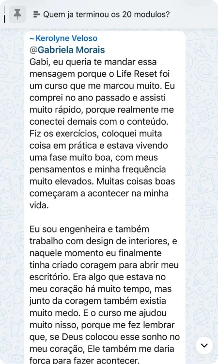 Comentário de Kerolyne Veloso no grupo das alunas