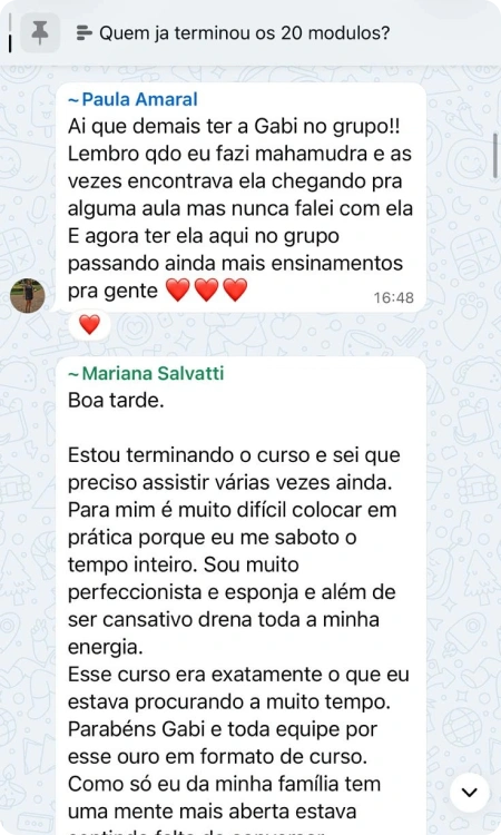 Comentários de Paula Amaral e Mariana Salvatti no grupo das alunas