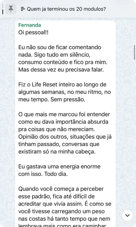 Comentário de Fernanda no grupo das alunas