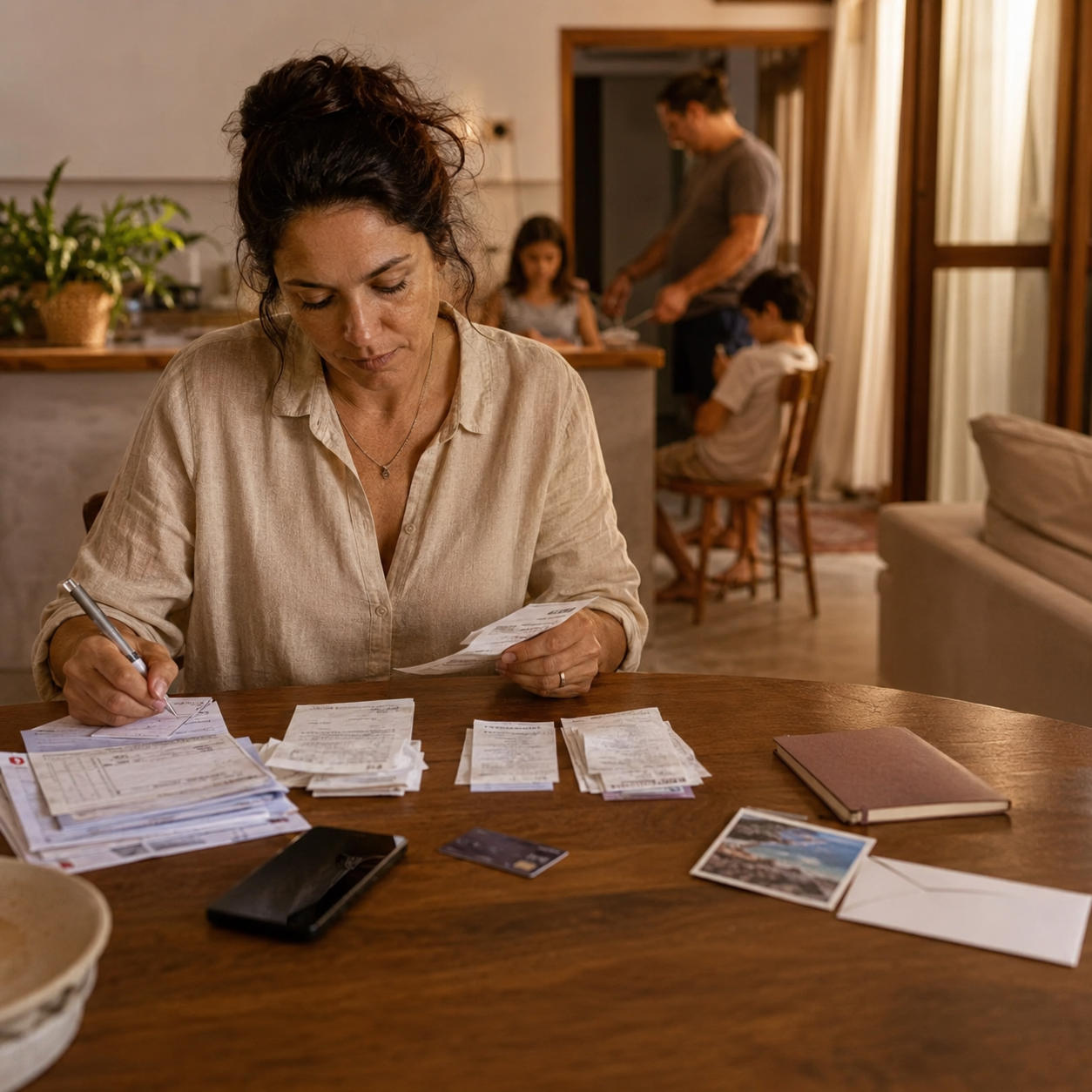 Mulher organizando contas na mesa da sala enquanto a família está ao fundo