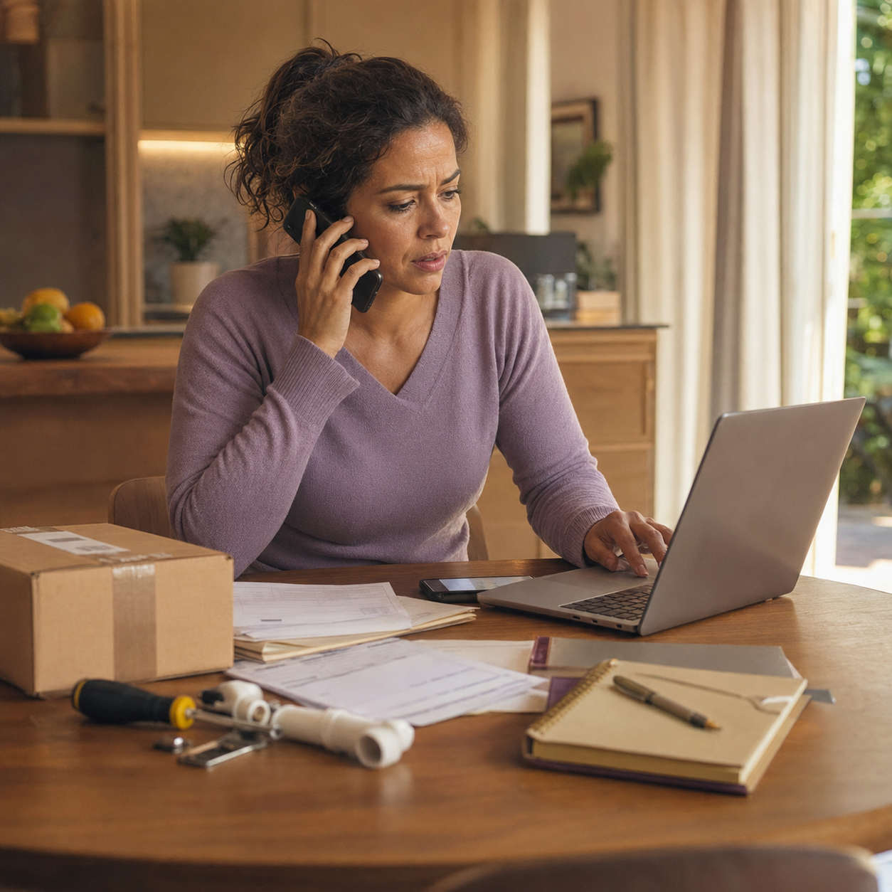 Mulher ao telefone resolvendo urgências no notebook, cercada de papéis em casa